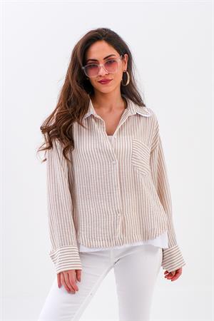 Poplin Garnili Çizgili Keten Gömlek - Vizon