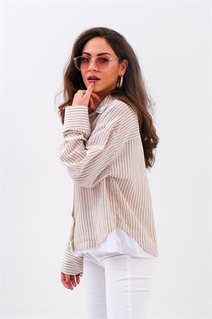 Poplin Garnili Çizgili Keten Gömlek - Vizon