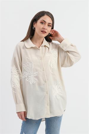 Pulpayet Nakışlı Keten Gömlek - Bej