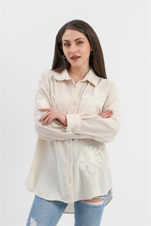 Pulpayet Nakışlı Keten Gömlek - Bej