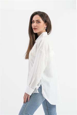 Pulpayet Nakışlı Keten Gömlek - Ekru