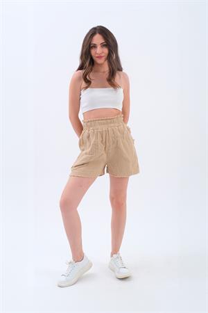 Püskül Detaylı Yıkamalı Müslin Şort - Vizon