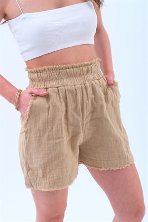 Püskül Detaylı Yıkamalı Müslin Şort - Vizon