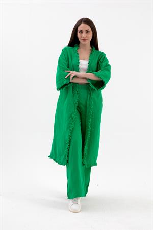 Püsküllü Keten Takım - Yeşil