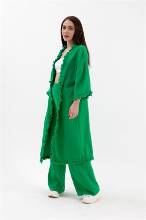 Püsküllü Keten Takım - Yeşil