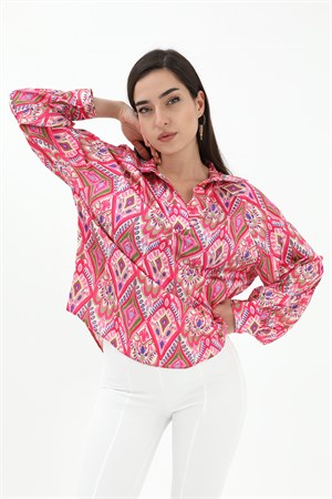 Reglan Kol Baskılı Saten Gömlek - Pembe