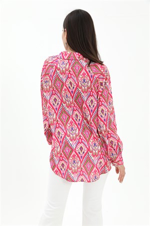 Reglan Kol Baskılı Saten Gömlek - Pembe