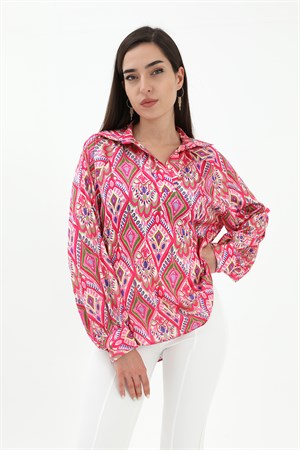 Reglan Kol Baskılı Saten Gömlek - Pembe