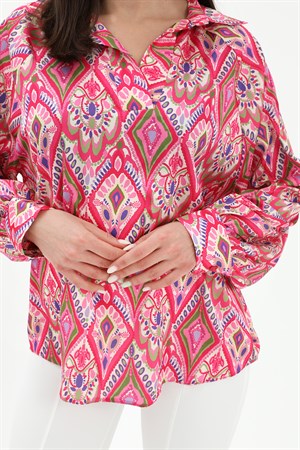 Reglan Kol Baskılı Saten Gömlek - Pembe