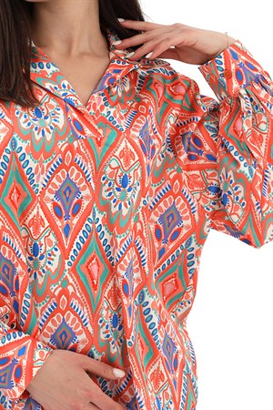 Reglan Kol Baskılı Saten Gömlek - Turuncu