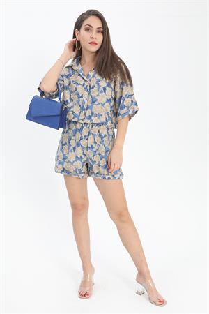 Şort Baskılı Duble Katlamalı Lastikli - Mavi