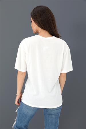 T-shirt Bisiklet Yaka Amour Baskılı - Bej