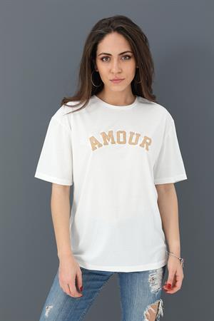 T-shirt Bisiklet Yaka Amour Baskılı - Bej
