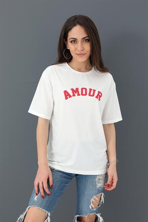 T-shirt Bisiklet Yaka Amour Baskılı - Kırmızı