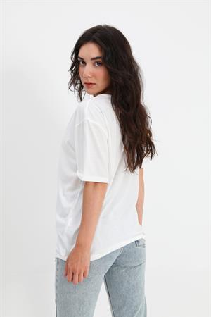 T-shirt Bisiklet Yaka Çiçek Desenli - Ekru