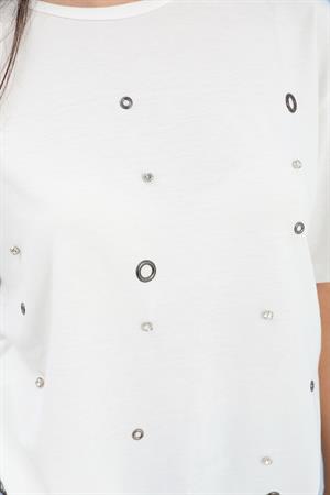 T-shirt Bisiklet Yaka Halka ve Taş Detaylı - Ekru