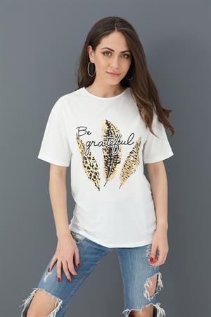 T-shirt Bisiklet Yaka Yaprak Baskılı - Ekru