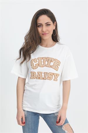 T-shirt Kabartma Baskı Bisiklet Yaka - Bej