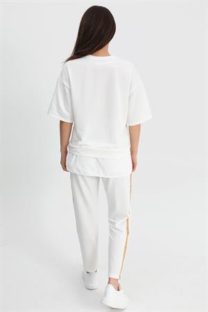 Takım Eteği Çimalı Kuş Baskılı Beli Lastikli T-shirt Pantolon - Ekru