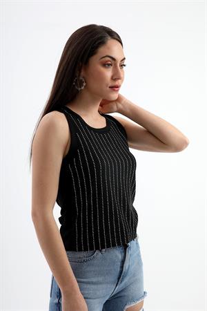 Taş İşlemeli Kolsuz Bluz - Siyah