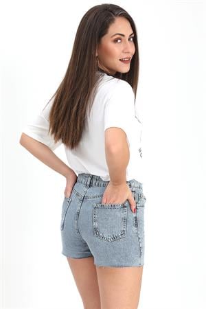 Taş İşlemeli Yüksek Bel Kot Şort - Mavi