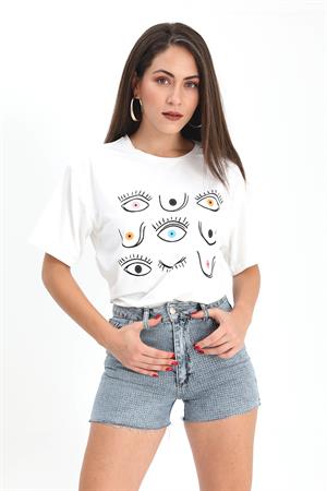 Taş İşlemeli Yüksek Bel Kot Şort - Mavi