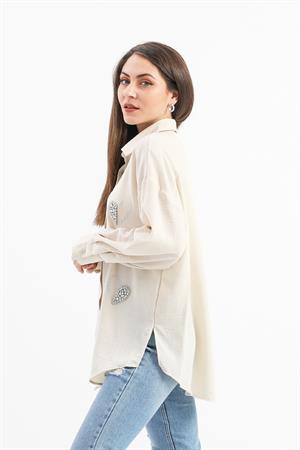 Taşlı Kalp İşlemeli Keten Gömlek - Bej