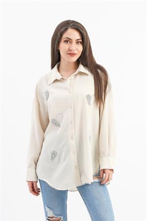 Taşlı Kalp İşlemeli Keten Gömlek - Bej