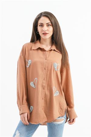 Taşlı Kalp İşlemeli Keten Gömlek - Vizon