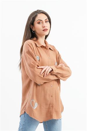 Taşlı Kalp İşlemeli Keten Gömlek - Vizon