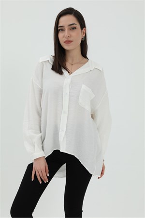 Tek Cep Salaş Keten Gömlek - Ekru