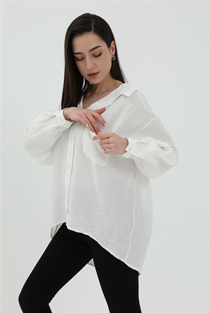 Tek Cep Salaş Keten Gömlek - Ekru