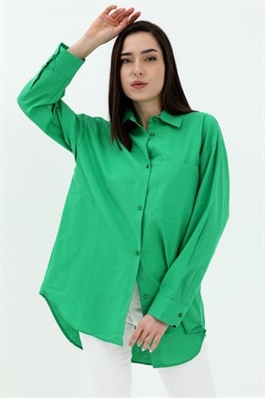 Tek Cepli Kolları Katlı Oversize Kalın Keten Gömlek - Yeşil