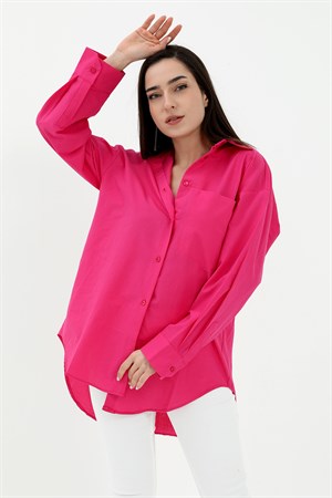 Tek Cepli Kolları Katlı Oversize Kalın Keten Gömlek - Fuşya