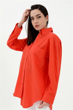 Tek Cepli Kolları Katlı Oversize Kalın Keten Gömlek - Turuncu