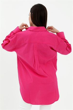 Tek Cepli Kolları Katlı Oversize Kalın Keten Gömlek - Fuşya
