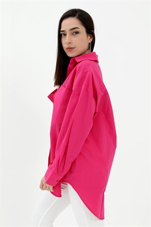 Tek Cepli Kolları Katlı Oversize Kalın Keten Gömlek - Fuşya