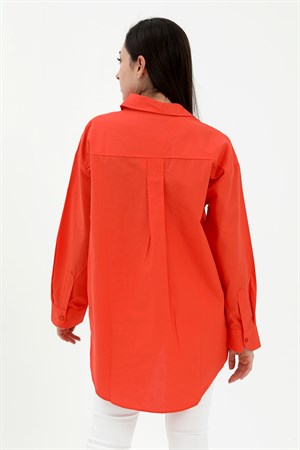 Tek Cepli Kolları Katlı Oversize Kalın Keten Gömlek - Turuncu