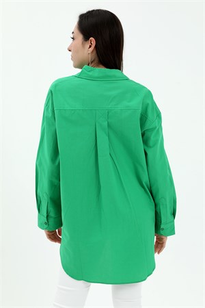 Tek Cepli Kolları Katlı Oversize Kalın Keten Gömlek - Yeşil