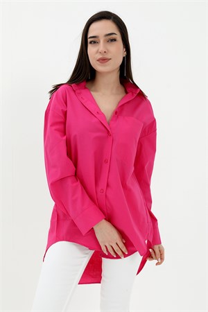 Tek Cepli Kolları Katlı Oversize Kalın Keten Gömlek - Fuşya