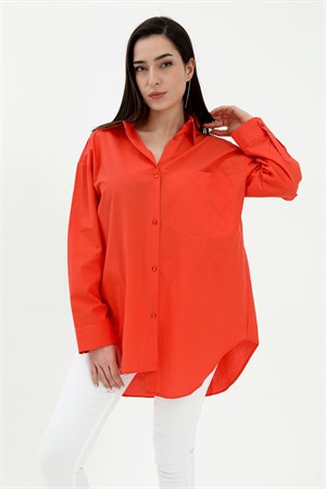 Tek Cepli Kolları Katlı Oversize Kalın Keten Gömlek - Turuncu