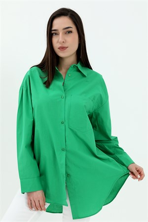 Tek Cepli Kolları Katlı Oversize Kalın Keten Gömlek - Yeşil