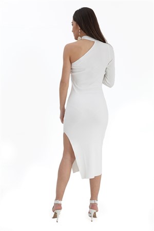 Tek Omuzlu Triko Elbise - Beyaz
