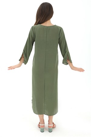 Toka Detaylı Uzun Yanları Yırtmaçlı Keten Elbise - Haki