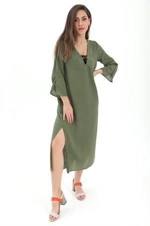 Toka Detaylı Uzun Yanları Yırtmaçlı Keten Elbise - Haki