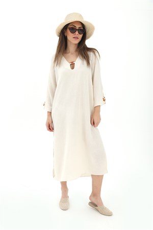 Toka Detaylı Uzun Yanları Yırtmaçlı Keten Elbise - Bej