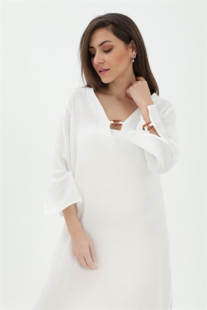 Toka Detaylı Uzun Yanları Yırtmaçlı Keten Elbise - Ekru