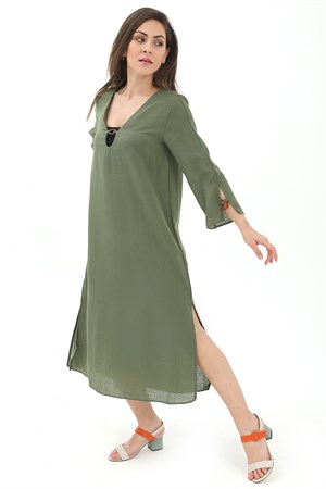 Toka Detaylı Uzun Yanları Yırtmaçlı Keten Elbise - Haki
