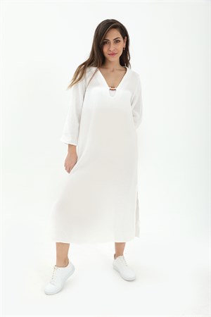 Toka Detaylı Uzun Yanları Yırtmaçlı Keten Elbise - Ekru