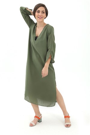 Toka Detaylı Uzun Yanları Yırtmaçlı Keten Elbise - Haki